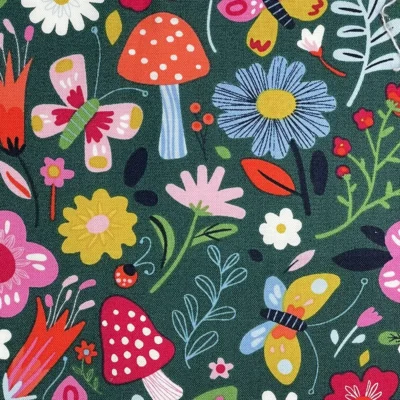 Mushrooms and Flowers Design Fabric Pattern